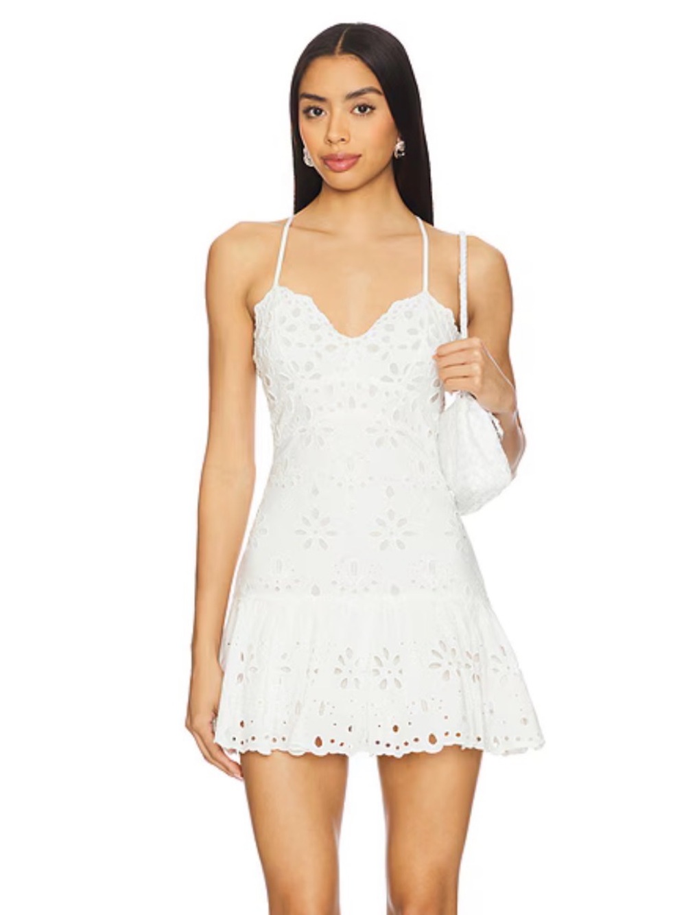 LoveShackFancy White Eyelet Spaghetti-Strap Mini with Ruffled Hem